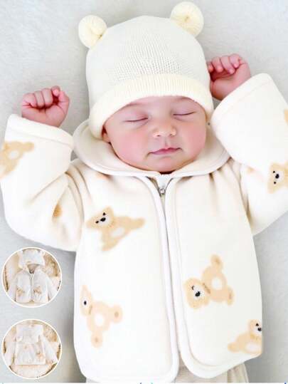 SHEIN Newborn Baby Cartoon Bear Pattern Zip-Up Comfortable Plush Hooded Jacket Fall Winter