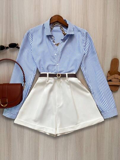 INAWLY Conjunto casual de 2 piezas de camiseta de manga larga a rayas y pantalones cortos para mujer