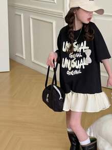 Young Girl Knit Patchwork Ruffle Hem Casual Short Sleeve Dress Young Girl Clothes Summer, Girls School Uniform, School Tops, Tops For School - Multicolor - View 8
