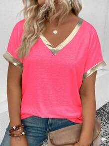 EMERY ROSE Women's Casual V-Neck Short Sleeve Metallic Trim Plus Size T-Shirt - Coral Pink - View 1