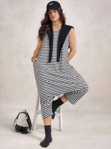 Zelara Plus Size Black & White Striped Sleeveless Casual Everyday Wear Sports Jumpsuit Navycore Outfits