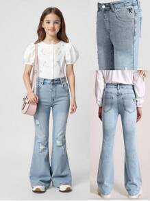 Sparklyn Quần jeans ống loe giặt họa tiết thêu bướm cổ điển cho bé gái, thiết kế ôm sát, ống quần dài, quần ống loe co giãn - Rửa nhẹ - Xem 3