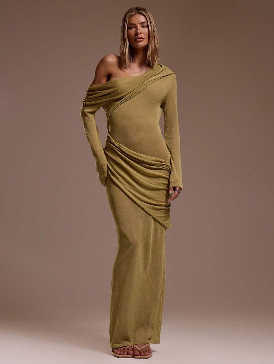 MUSERA 褶皱不对称肩部长袖垂褶长款连衣裙，适合度假、性感、海滩、浪漫、优雅场合，如生日、波西米亚风、拉菲草编发、圣诞节、秋冬季、婚礼宾客等。