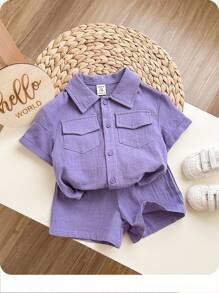 Baby Jungen und Mädchen koreanischen Stil lässig und einfach Einfarbig Kurzarm-Shirt mit Turn-Down-Kragen und elastischer Bund Shorts Anzug, geeignet für Sommer