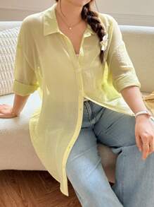 SHEIN LUNE 冬季纹理休闲大码纯色夏季长袖衬衫乡村音乐会复古教师奶油黄色上衣秋季返校工作/办公室商务休闲女士返校秋季返校节