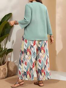 EMERY ROSE Damen Große Größen 2-teiliges Set - einfarbiges Hemd mit Knopfleiste und langem Arm & Hose mit Blumenmuster, Lässig, Sommer Outfits für Damen, Urlaubsoutfits für Damen, Boho Feiertagsoutfits, Herbst Damenkleidung, Herbstkleidung, Country Konzert Outfit, Old Money Stil für Damen, Country Outfits für Damen - Olivgrün - Übersicht 2