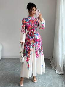 Selianne 女式休闲时尚印花收腰长袖连衣裙 - 彩色 - 查看 4