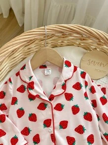 SHEIN 2 piezas Conjunto de pijama para bebé niña con Top de manga larga con estampado de fresa y pantalones sueltos - Rosa - Ver 4