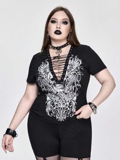 Punk Streetwear Goth Halloween PUNK Skull Gun Floral Print Rhinestone Lace-Up V-Neck Plus Size Women T-Shirt
