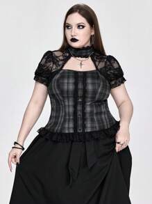 ROMWE Goth 大码女式格子衬衫，蕾丝边下摆，泡泡袖，学院风 - 黑色 - 查看 1