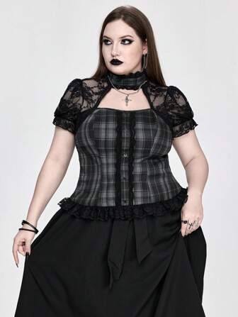 Goth Plus Size Women's Gingham Shirt With Lace Trim Hem And Puff Sleeves, Collegiate Style