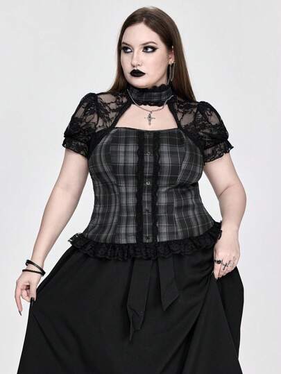 Goth Chemise à carreaux pour femmes grandes tailles avec ourlet en dentelle et manches bouffantes, style universitaire