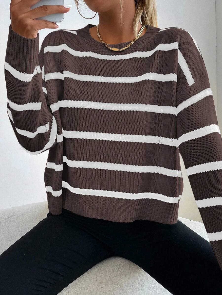 EMERY ROSE 1pc Women Striped Round Neck Drop Shoulder Casual Sweater, Autumn/Winter Knit Pullover Fall Outfit - Multicolor - View 1