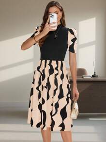 SHEIN Clasi 女士幾何陰陽拼接短袖連衣裙 - 彩色 - 查看 4