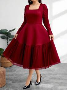 Modelyn Plus Size Elegant Party Ruched Flare Sleeve Dress - Burgundy - View 5