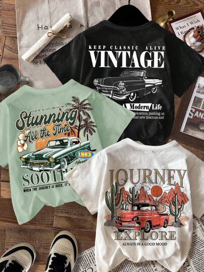 3件套男童休闲卡通图案圆领短袖T恤，适合夏季