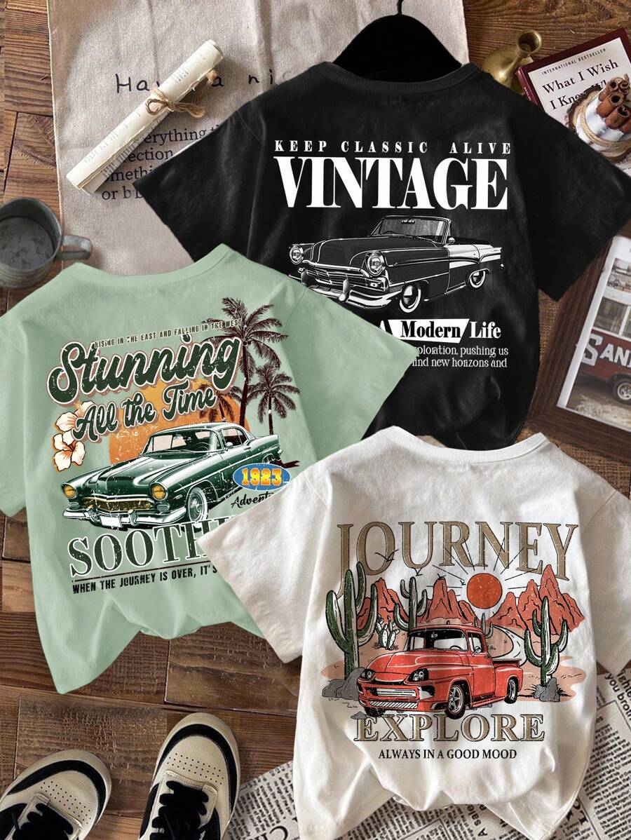 3件套男童休闲卡通图案圆领短袖T恤，适合夏季 - 彩色 - 查看 1