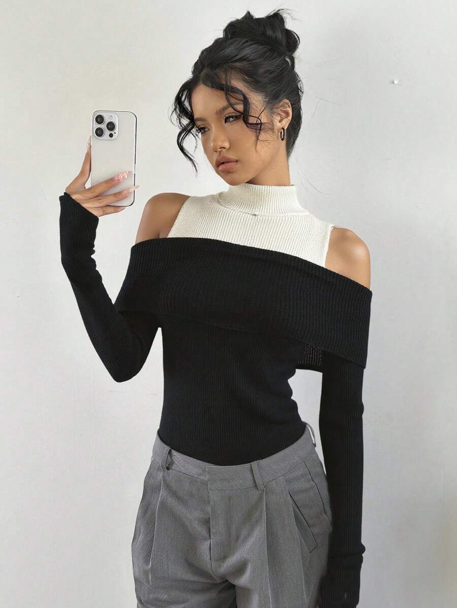 SHEIN EZwear 1 件女式露肩二合一保暖针织上衣，款式可爱，适合秋冬季 - 黑色 - 查看 1