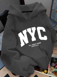 SHEIN MOOSTA 大码女式标语字母“NYC ALL GIRLS TEAM SPORTS CLUB”城市名称图案印花保暖抽绳套头衫，适合秋冬季穿着。 - 深灰色 - 查看 1