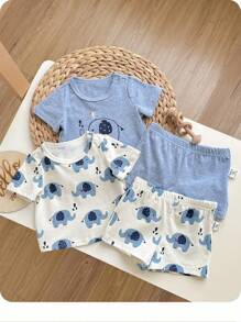 寶寶男孩可愛大象印花夏季休閒、舒適、親膚短袖短褲針織家居四件套裝 - 淺藍色 - 查看 3