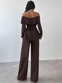 Firerie Women New Autumn And Winter Back Strap Retro Brown One-Shoulder Suit Jacket And Versatile Trousers Suit Two-Piece Suit Sets,Graduation,Teacher Outfits For Women,/Fall Women Clothes/Business Casual Woman/Teacher/Back To School/Old Money/Vintage Clothes Women/Off Shoulder Top And Pants Commuter Suit One Shoulder Suit Office Style Suit  Office Outfits For Women Business Casual Suit