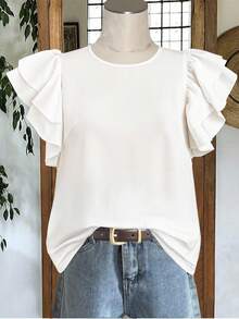 EMERY ROSE 大码女装日常休闲优雅纯色圆领双层小飞袖宽松衬衫，女士夏装，女士度假服装，女士夏装，女士外出上衣 - 白色 - 查看 1