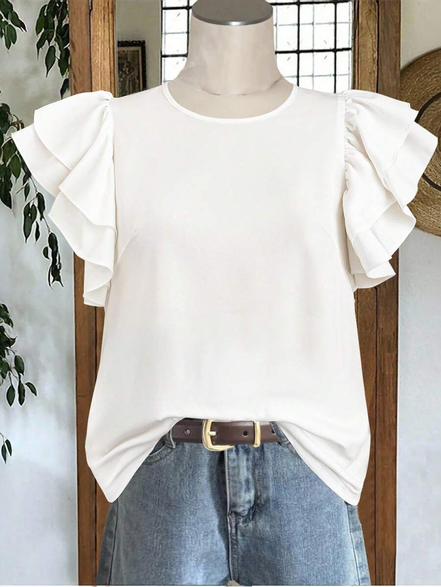 EMERY ROSE 大码女装日常休闲优雅纯色圆领双层小飞袖宽松衬衫，女士夏装，女士度假服装，女士夏装，女士外出上衣 - 白色 - 查看 1