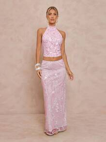 Lumalex 秋季节日派对背心，狂欢节郊游游泳度假优雅复活节波西米亚风海滩热户外丰富层次婚礼季节宴会成人仪式海滩海滨女士亮片拼布露背短款背心粉色亮片粉色派对背心 - 粉色 - 查看 4