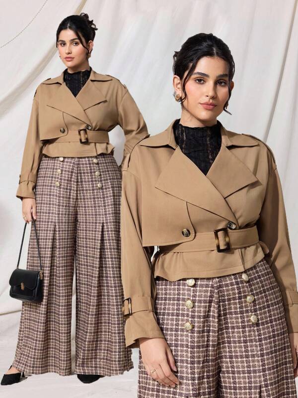 SHEIN MOD Jaqueta corta-vento curta plus size café/marrom, versátil, com cinto e amarração na cintura