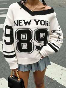 Sparklyn Tween Girl V-Neck Long Sleeve Casual Sweater With Numeric Star Pattern New York Sweater Fall Winter - White - View 1