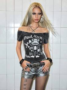 Paul Frank X ROMWE 女款韩流复古猴子印花露肩T恤 - 黑色 - 查看 8