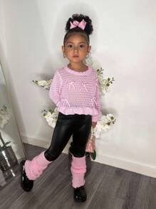 SHEIN Pink Crew Neck Ruffle Hem Short Sweater For Young Girls, Decorated With 3D Bow, Cute Princess Style, Suitable For Home, Outdoor, Party, Vacation,In Fall/Winter - Pink - View 4