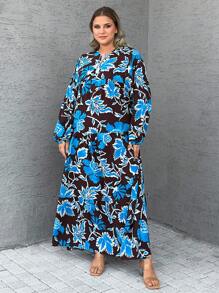 EURMUSE Đầm suông rộng tay đèn lồng cổ buộc họa tiết hoa cỡ lớn dành cho nữ - Màu xanh lam - Xem 4