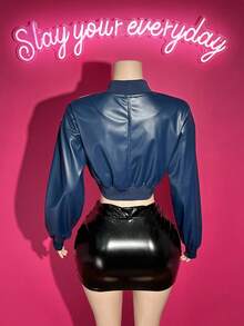 Slaydiva 2025新款初秋冬季休闲街头棒球服日常约会复古学院风标语Logo撞色星形印花藏蓝色PU夹克机车夹克女式夹克Y2K短款上衣夹克80年代女装秋冬女装冬季外套 - 藏蓝色 - 查看 3