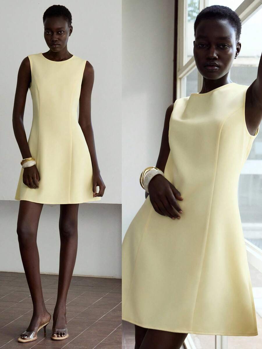 Lumivelle Women's Elegant Sleeveless V-Neck Waisted Mini Dress, Summer Butter Yellow Dress A Line Dress Mod Dress Yellow Mini Dress Back To School Teacher Outfits Modest