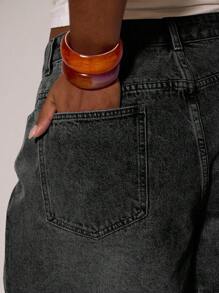 MUSERA 大码长款水洗牛仔短裤 街头风格，假日，度假，夏季，沙滩，性感，可爱 - 黑色 - 查看 6