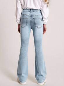 Sparklyn Quần jeans ống loe giặt họa tiết thêu bướm cổ điển cho bé gái, thiết kế ôm sát, ống quần dài, quần ống loe co giãn - Rửa nhẹ - Xem 2