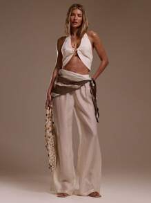 MUSERA 阔腿弹力腰三角图案围巾拼接裤，适合度假、性感海滩、浪漫优雅场合、生日、波西米亚风、透视装、办公等各种场合。 - 卡其色 - 查看 1