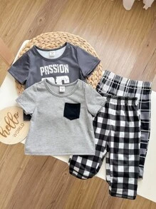 4Pcs Baby Boy Casual Set - Minimalist Letter & Plaid Pattern Round Neck Short Sleeve Top And Loose Pants, Spring/Summer Pajamas Graphic