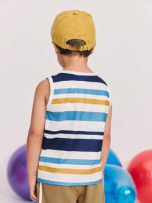 SHEIN Young Boy Casual Striped Round Neck Tank Top And Shorts Set, Comfortable And Minimalist Boys Summer Outfit - Khaki - View 4