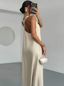 Firerie Váy dài không tay thoải mái, rộng rãi, giống vải lanh dành cho nữ, thích hợp mặc hàng ngày, đi biển, đi làm, đi nghỉ, theo phong cách Bohemian, Hawaii, Xuân/Hè - Màu be - Xem 5