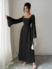 Selianne 新季法式黄色长袖方领女装，修身剪裁设计，优雅精致的提花网眼长袖连衣裙