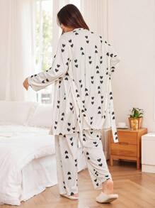 Dream Adore Plus Size Women 3pcs Pajama Set: Heart Print Knitted Cami Top, Pants And Robe, Fall & Winter Clothes, Cozy Outfit - Multicolor - View 3