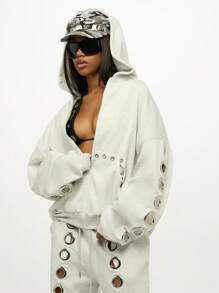 SUMWON WOMEN 超大羊毛连帽夹克拉链金属孔眼细节休闲街头时尚长袖冬季秋季时尚运动衫 - 灰色 - 查看 1