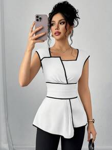 SHEIN Clasi 女士优雅撞色边不对称衬衫，夏季 - 白色 - 查看 3