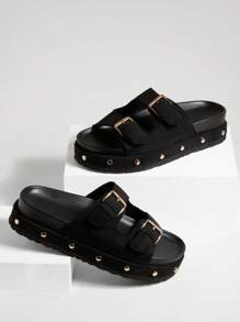 Solezae Damen Plateau-Sandalen mit Doppelschnalle, Kork-Fußbett und dicker Sohle