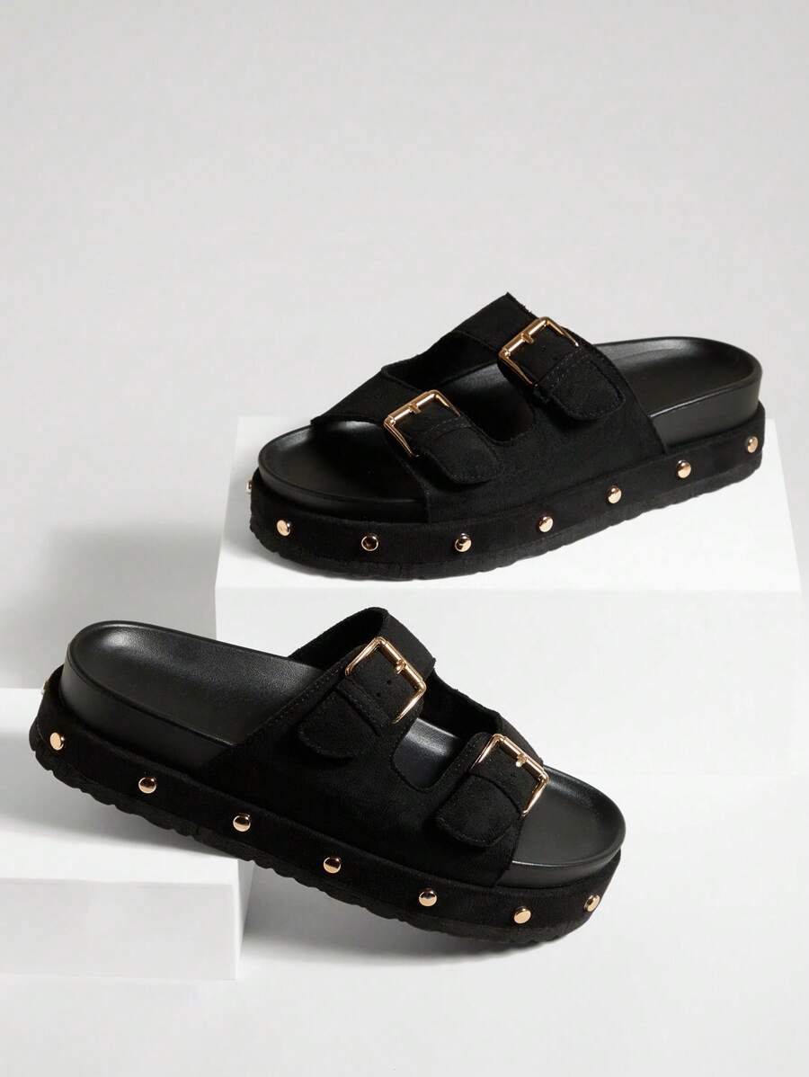 Solezae Damen Plateau-Sandalen mit Doppelschnalle, Kork-Fußbett und dicker Sohle