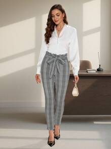 SHEIN Clasi Women Fashion Paperbag Waist Belted Plaid Pants - Multicolor - View 3