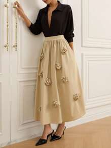 Aveloria 法式复古松紧腰3D花卉装饰A字中长裙 - 卡其色 - 查看 3