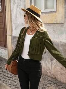 SHEIN VCAY Women's Long Sleeve Fringe Design Fashion Woven Solid Color Jacket In Fall/Winter - Army Green - View 4